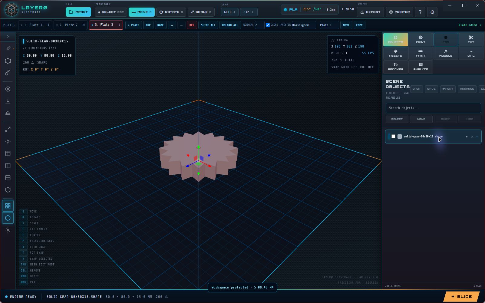 Layer Zero Substrate main slicing workspace with a model positioned on the build plate